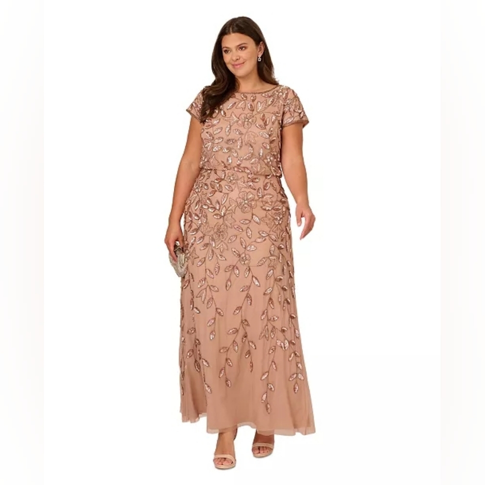 🫰🏼Adrianna Papell Rose Gold Sequin Leaf Maxi Dress